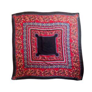 Ginnie Johansen Inc. Silk Scarf Ornate Baroque Print Red Navy Blue Vintage 1988